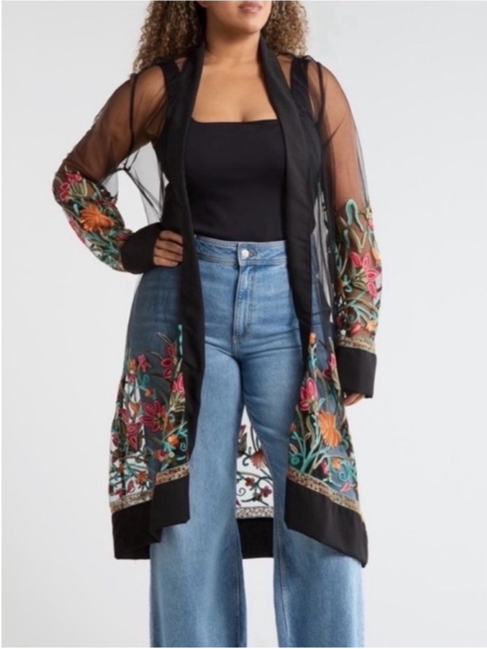 Sheer Black Embroidered Floral Duster Sweater